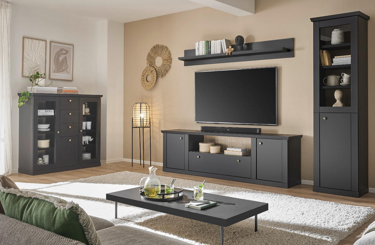 HIGHBOARD schwarz matt, Eiche 129 cm, Kommode Landhaus mit Soft-Close - Eichefarben/Messingfarben, Glas/Holzwerkstoff (129/117/42cm) - Furn.Design