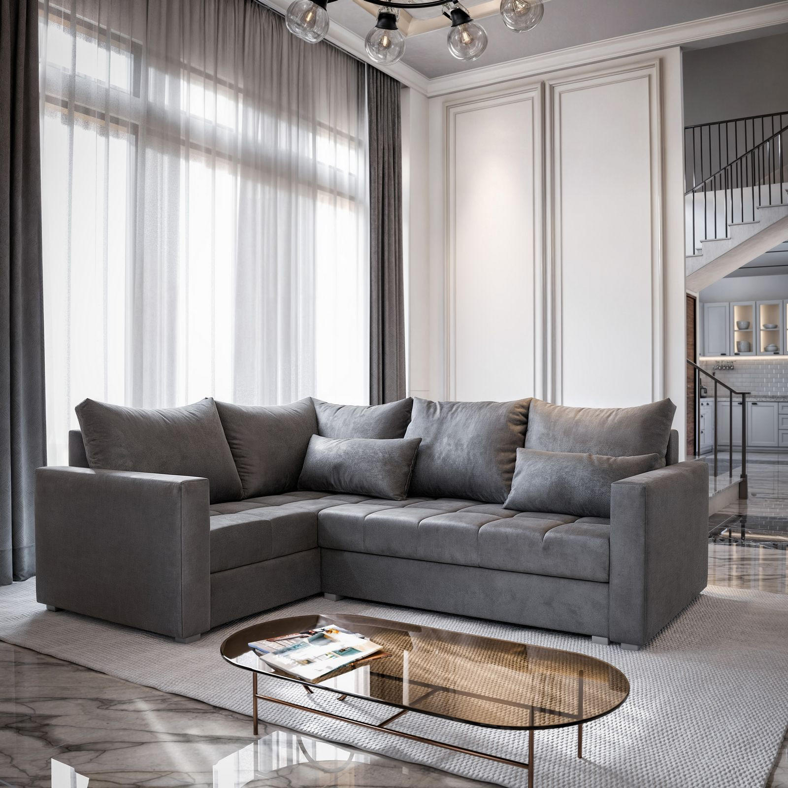 ECKSOFA LIRENO L-S Grau Plüsch-Stoff mit Schlaffunktion - Grau, Holz (220/153cm) - MASSENO