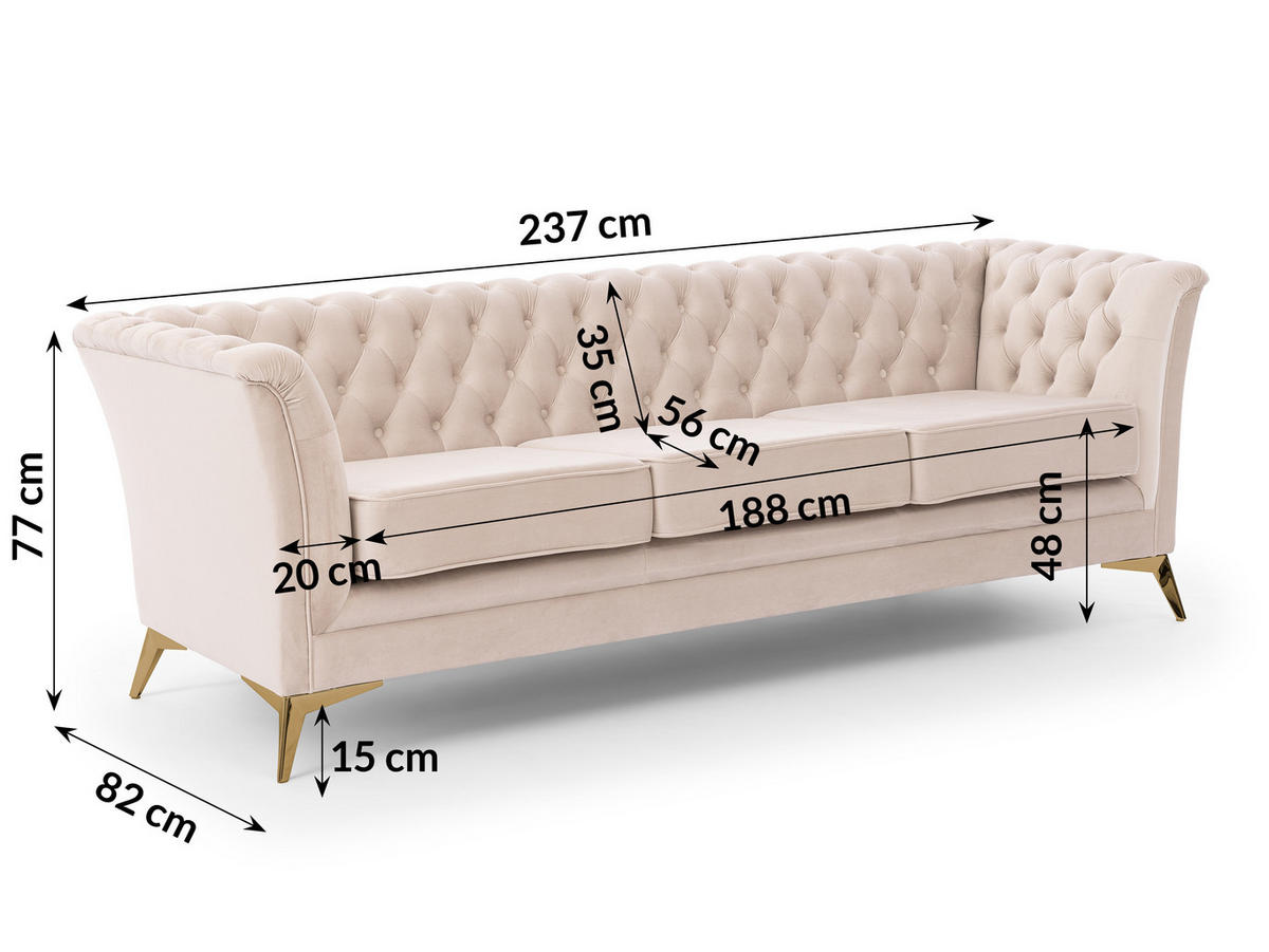 SITZGARNITUR 3+2+1 Chesterfield Whitby Beige Samt mit goldenen Füßen - Beige/Goldfarben, Holz/Textil (237/78/82cm) - S-Style Möbel