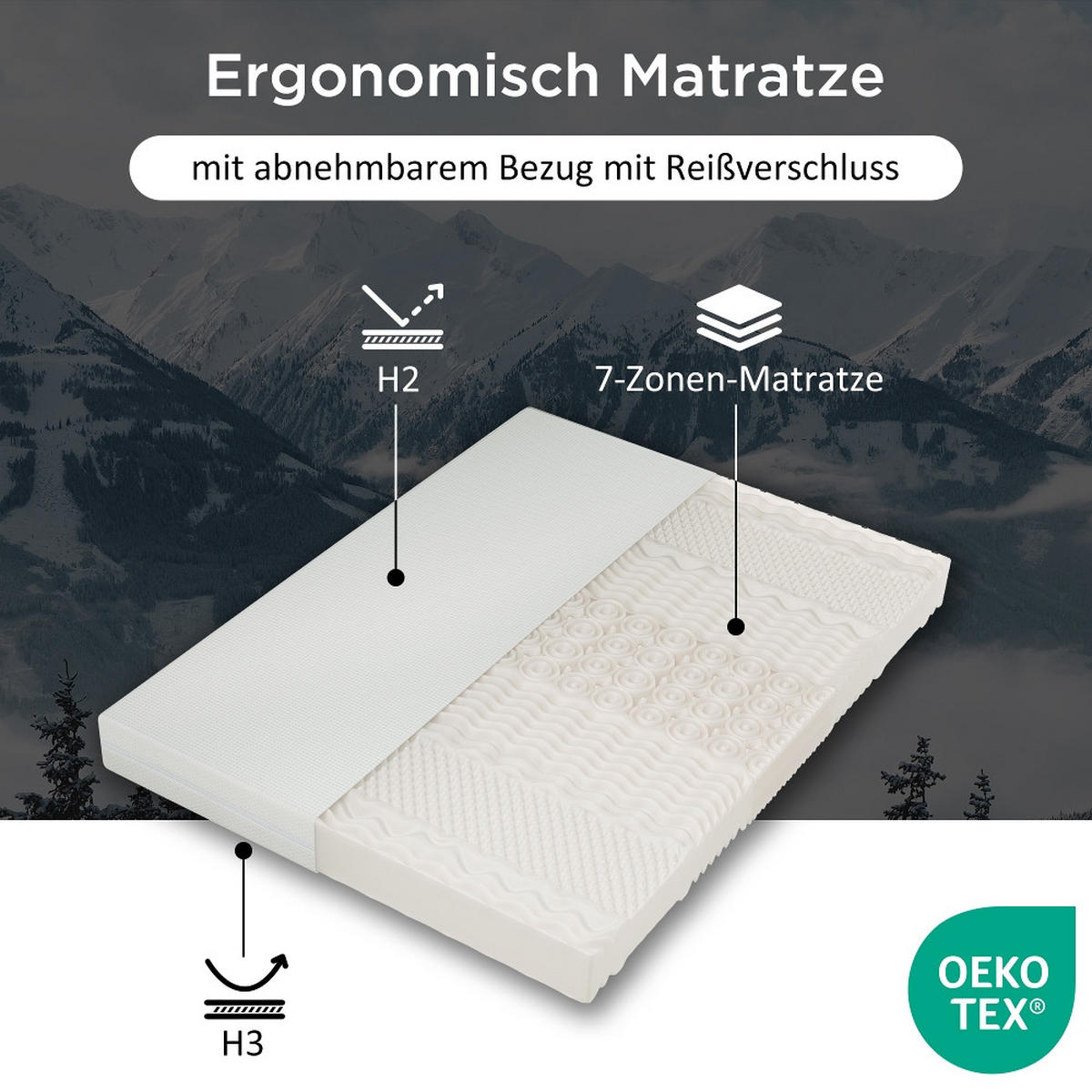 KALTSCHAUMMATRATZE 7 Zonen Wendematratze H2 H3 Ergonomisch Waschbarer Bezug 180/200/20 cm - Weiß, Metall (180/200cm) - Rolipo
