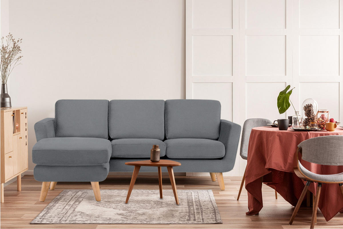 3-SITZER-ECKSOFA-LINKS TAGIO mit Ottomane , grau - Braun/Grau, Buchenholz/Textil (190/151cm) - KONSIMO®