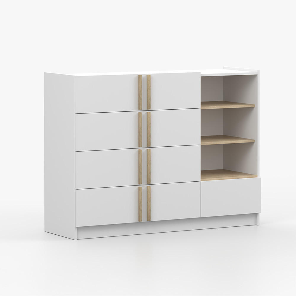 KOMMODE SEVILLA 5S 90 cm Weiß/Weiß, fünf Schubladen, Holzgriffe - Buchefarben/Weiß, Holzwerkstoff (135/96/47cm) - imoebel24