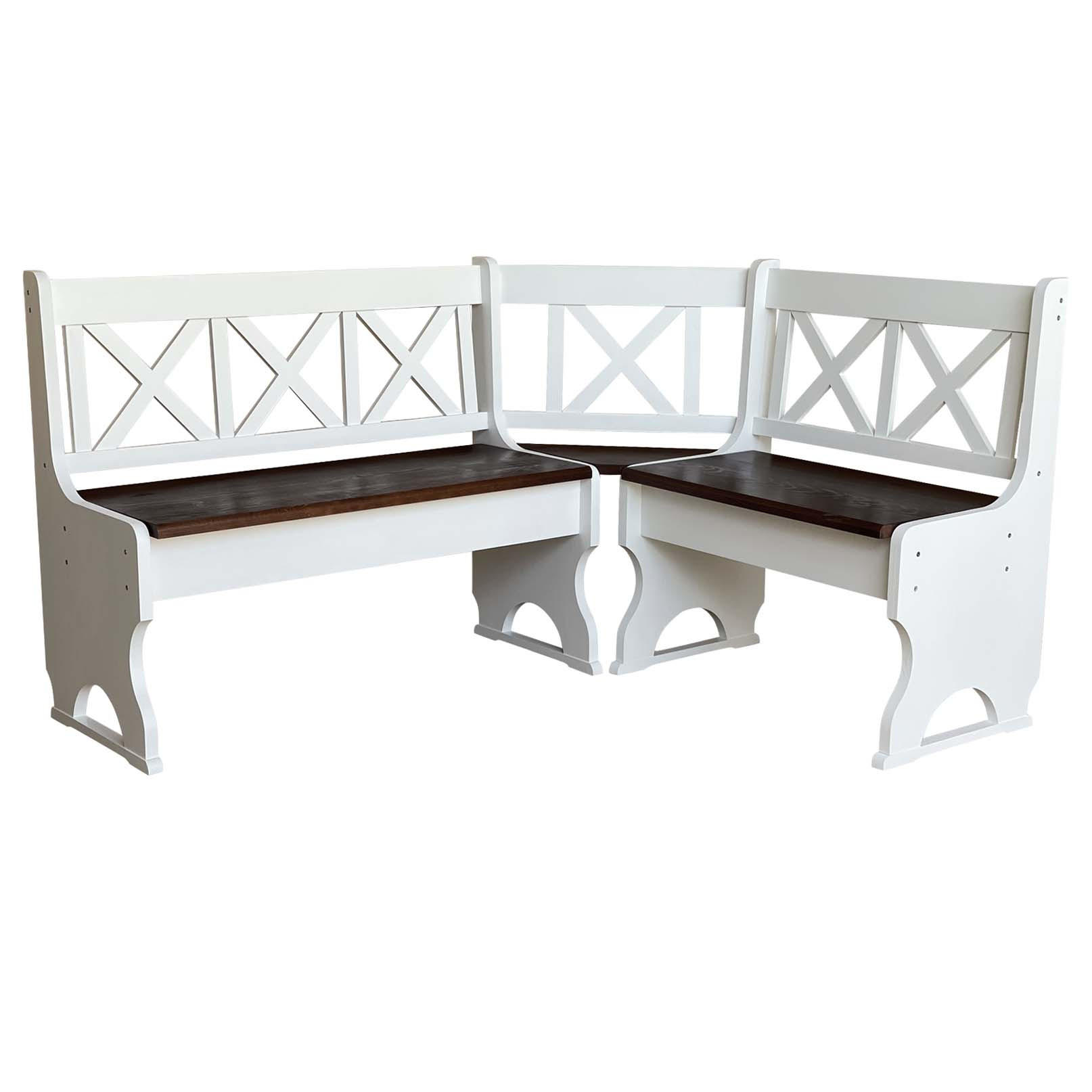 ECKBANK aus Kiefernholz mit Kreuzlehne, Weiss/Nuss, 150 x 150 cm - Walnussfarben, Holz (150/150cm)