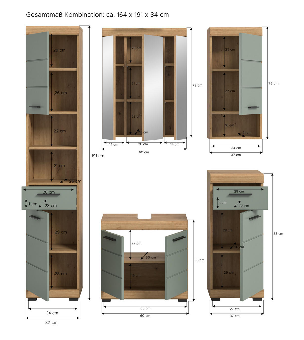 BADMÖBEL-SET Salbei grün, Eiche Artisan 5-teilig 164 cm, Komplettset mit viel Stauraum - Salbeigrün/Schwarz, Glas/Holzwerkstoff (164/191/34cm) - Inn.Furn