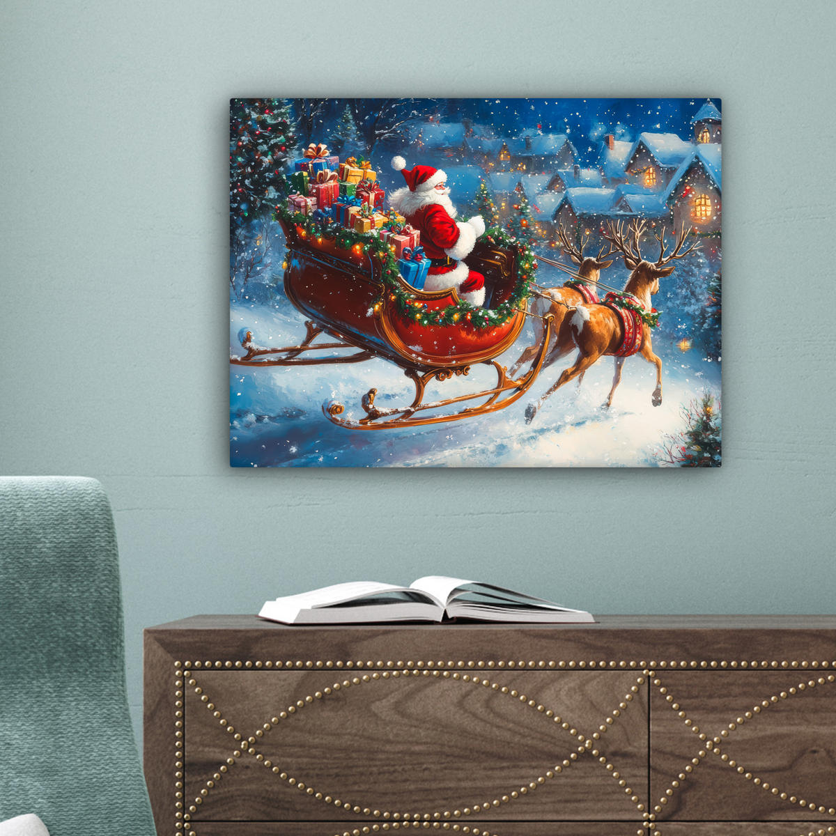 LEINWANDBILD Weihnachtsmann - Rentier - Weihnachten - Schnee 40x30 cm - Cognac, Textil (40/30cm) - MuchoWow