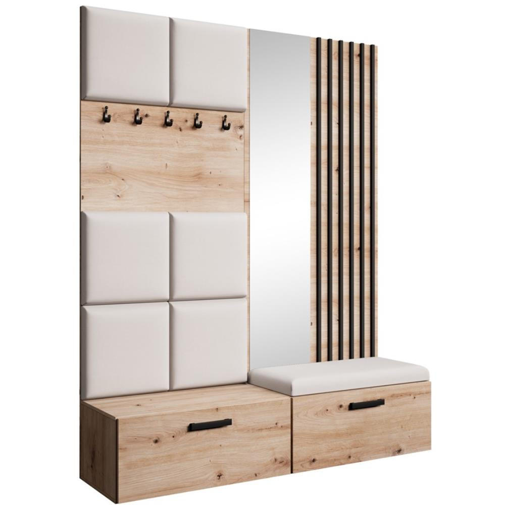 GARDEROBE Margaret I+II 162/203/43 mit gepolsterten Paneelen/Lamellen/Spiegel - Beige/Schwarz, Holzwerkstoff/Kunststoff (162/203/43cm) - Beautysofa