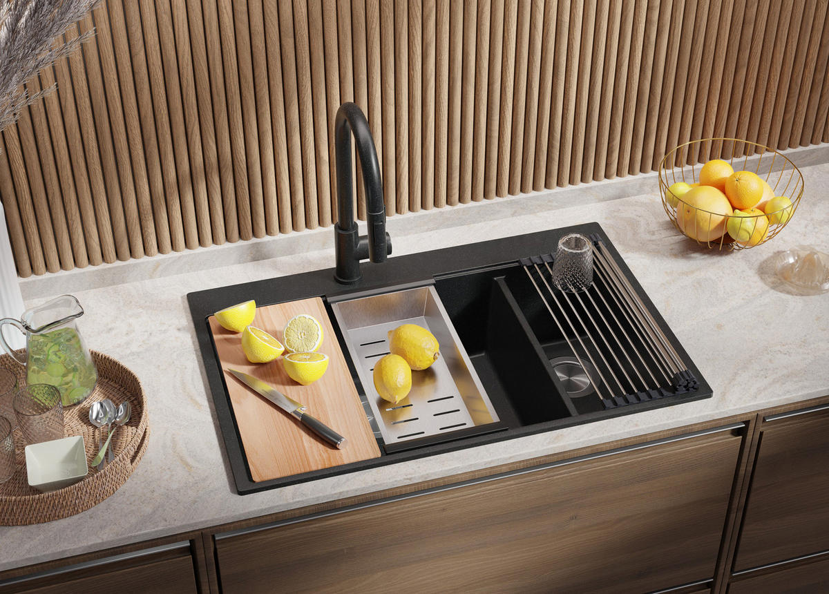 SPÜLBECKEN Oslo Duo, 2-er set Anthrazit 78/50 cm 2 Becken + Ablauf-Set + Schneidebrett ab 80er Unterschrank - Chromfarben/Anthrazit, Kunststoff (78/20/50cm) - Primagran