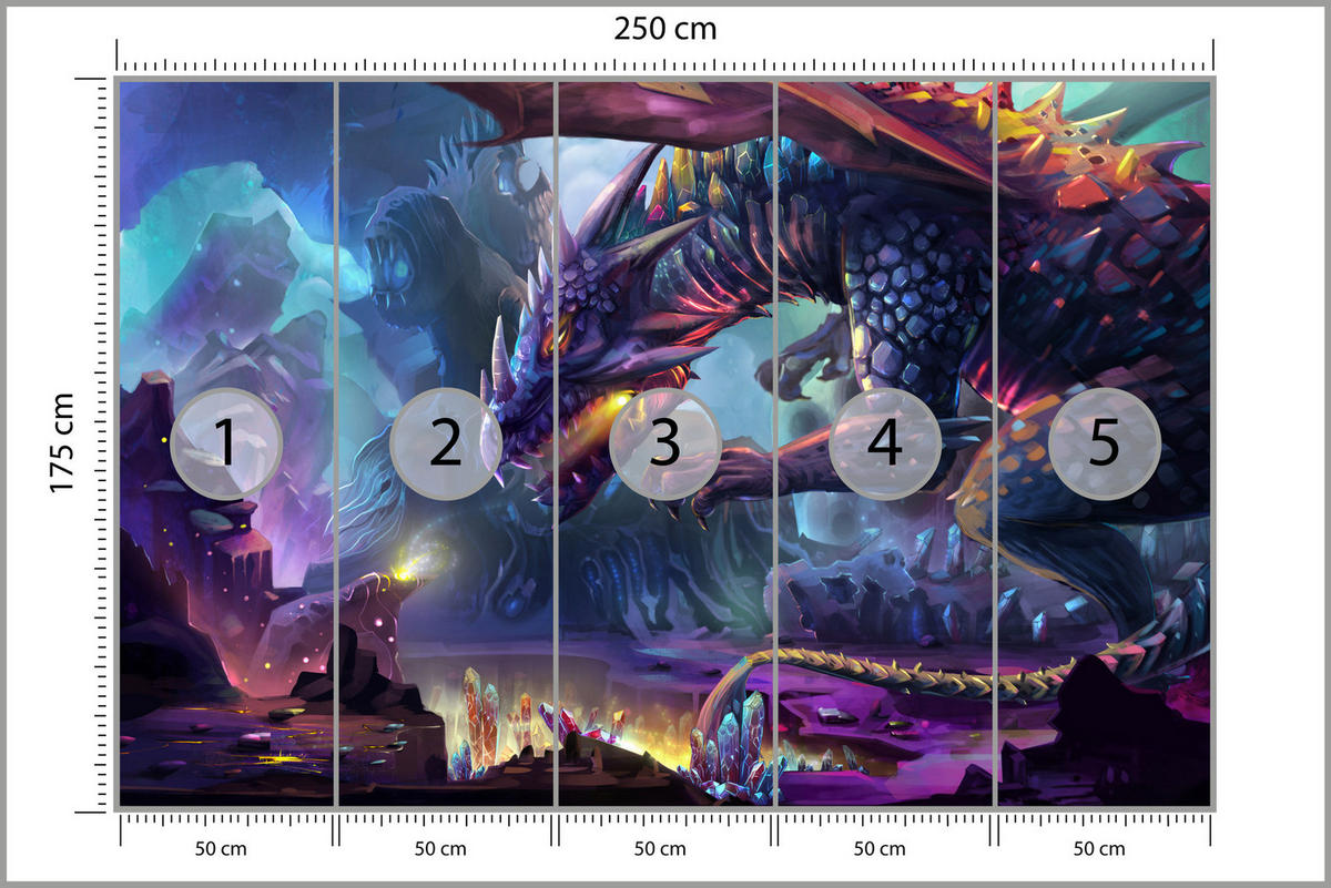 FOTOTAPETE für Jugendzimmer Fantastischer Drache Magische Welt Fantasy 250x175 - Türkis/Violett, Papier (250/175cm) - Muralo