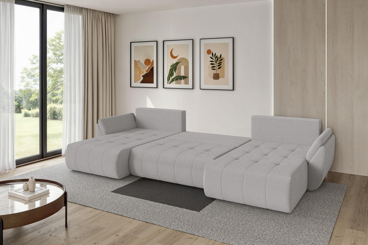 SEDACÍ SOUPRAVA DO U s funkcí spaní a úložným prostorem TOKO-U 378x194x86 světle šedá bouclé - černá/stříbrná, kompozitní dřevo/textil (378/86/194cm) - ALTDECOR