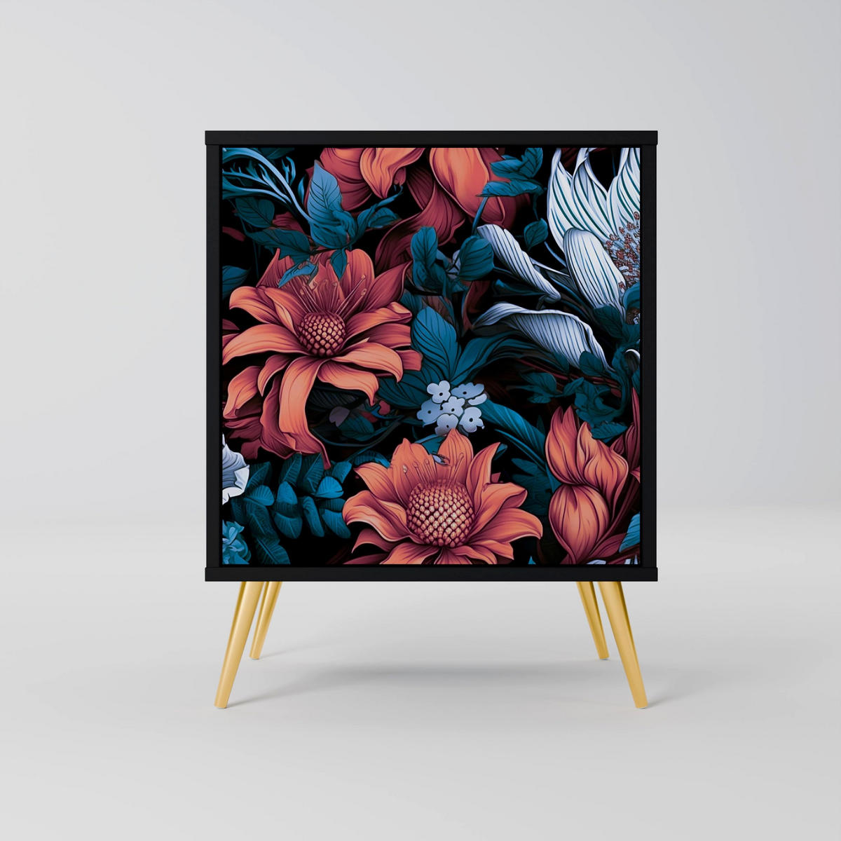 SIDEBOARD ETHEREAL BLOSSOMS, Schwarz, 57,5x42x72,5 cm, Schwarze Metallfüße - Multicolor/Schwarz, Holzwerkstoff/Metall (57.5/72.5/42cm) - SpaceRebels