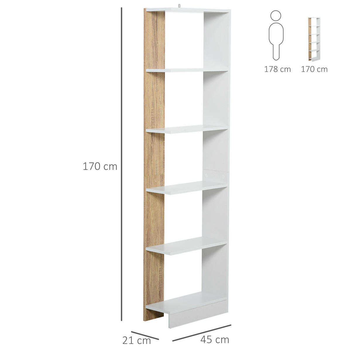BÜCHERREGAL,SCHMAL 5-stöckig 45x21x170cm,eiche-weiß - Weiß, Holzwerkstoff (45/170/21cm) - Vallsero