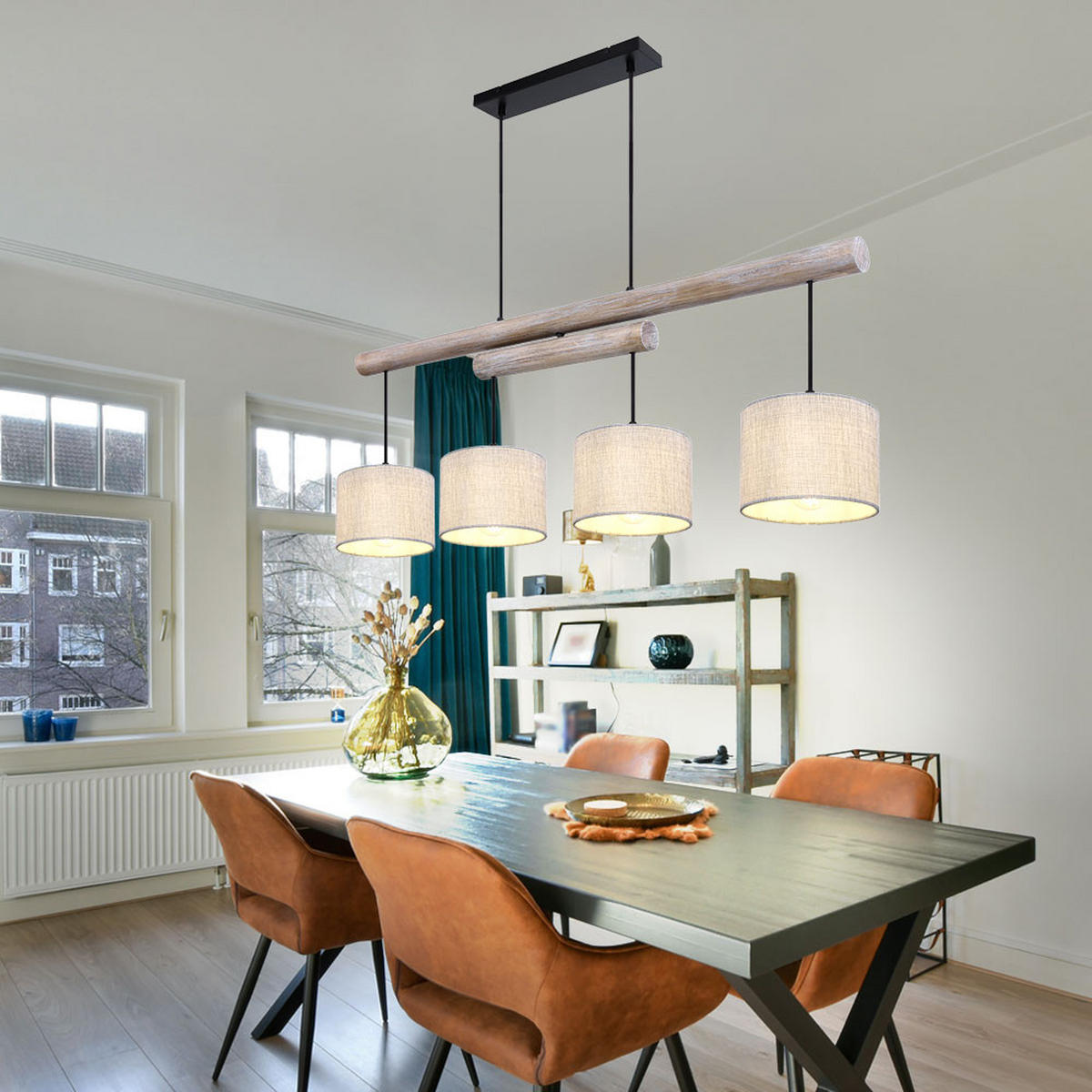 HÄNGELEUCHTE Holzoptik Beige Schwarz - Beige, Holz (113/18/120cm) - Globo Lighting