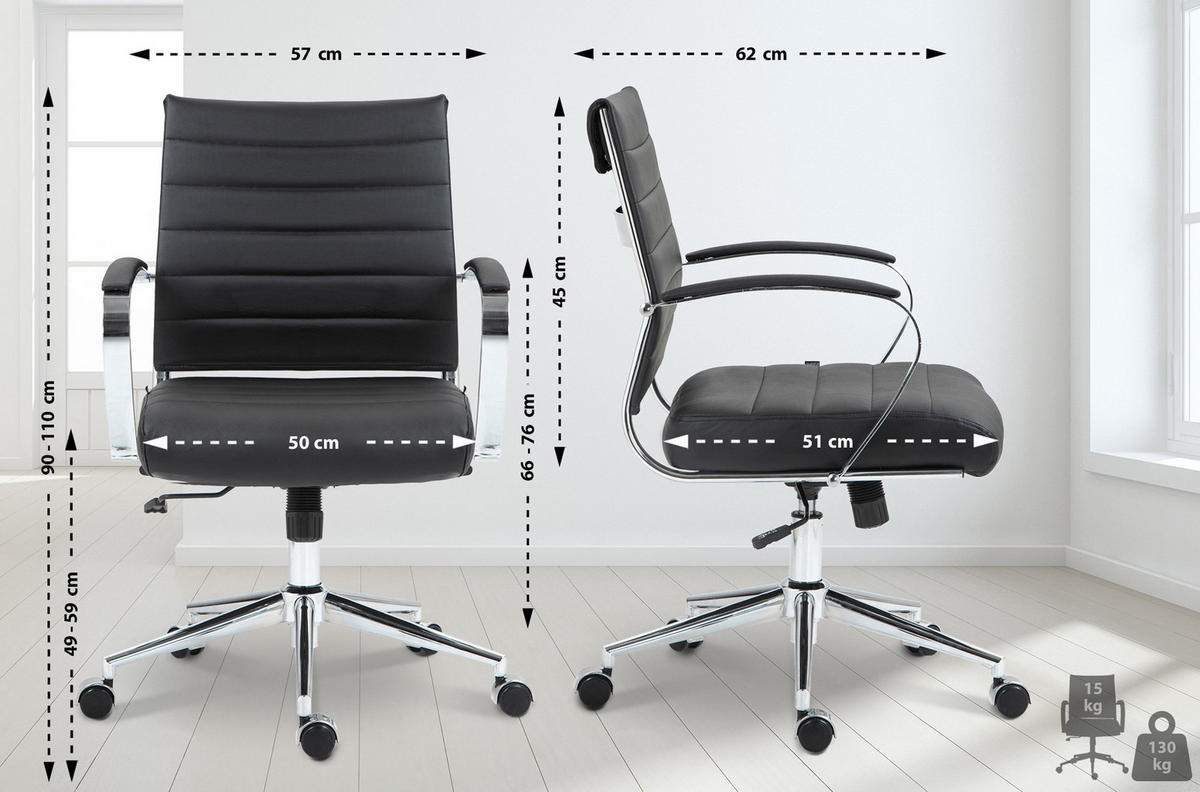 BÜROSTUHL Rynex Echtleder schwarz - Chromfarben/Schwarz, Leder/Metall (57/100/62cm) - TPFLiving