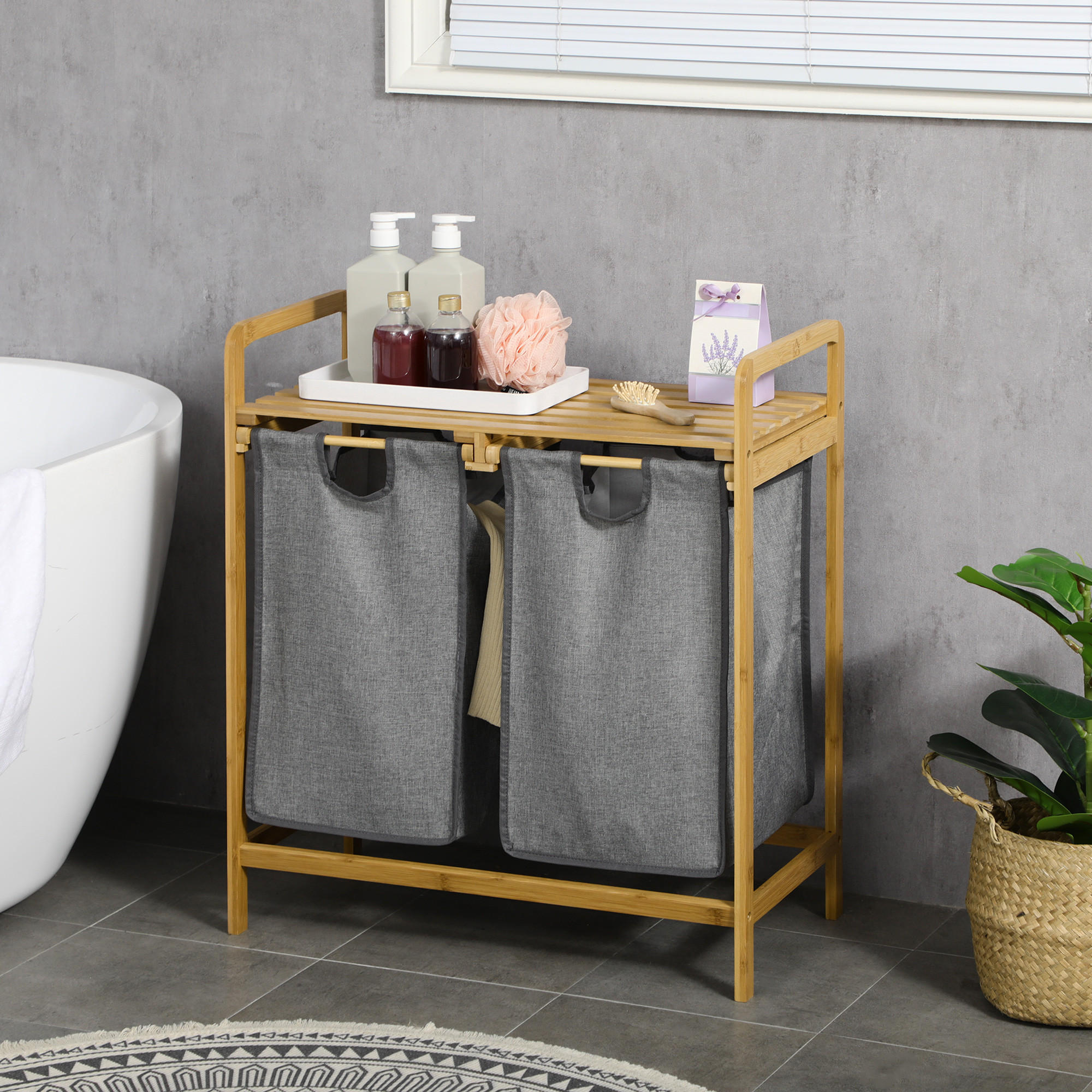 WÄSCHEKORB Bambus Polyester Grau - Grau, Naturmaterialien (33/73/63.5cm) - HOMCOM