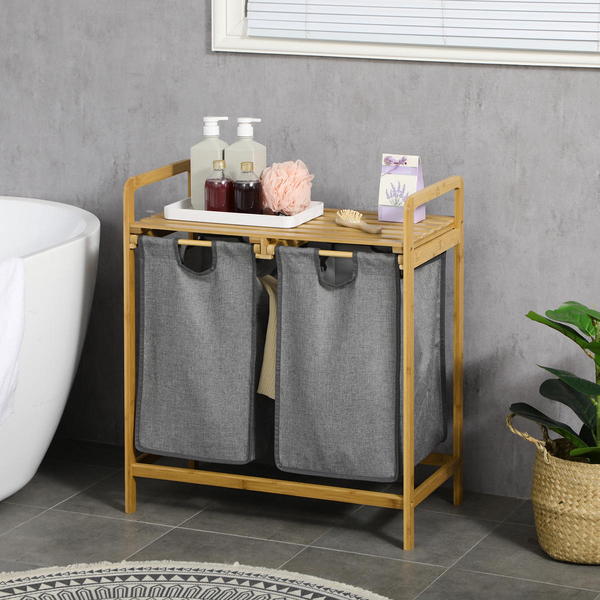 WÄSCHEKORB Bambus Polyester Grau - Grau, Naturmaterialien (33/73/63.5cm) - HOMCOM