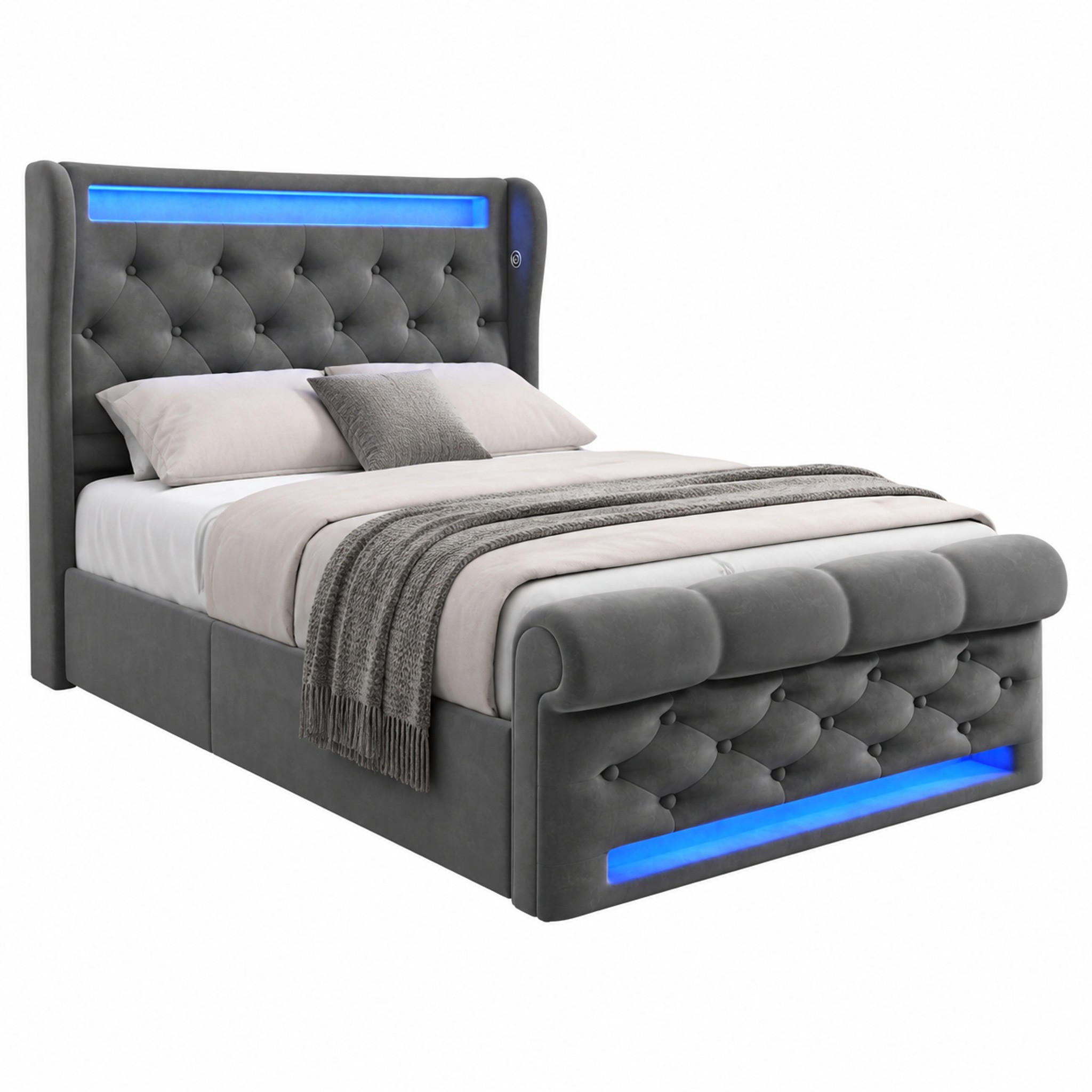 POLSTERBETT mit LED, Stauraum und USB 90x200 cm Samt Grau - Grau, Metall (90/200cm) - Meubliv