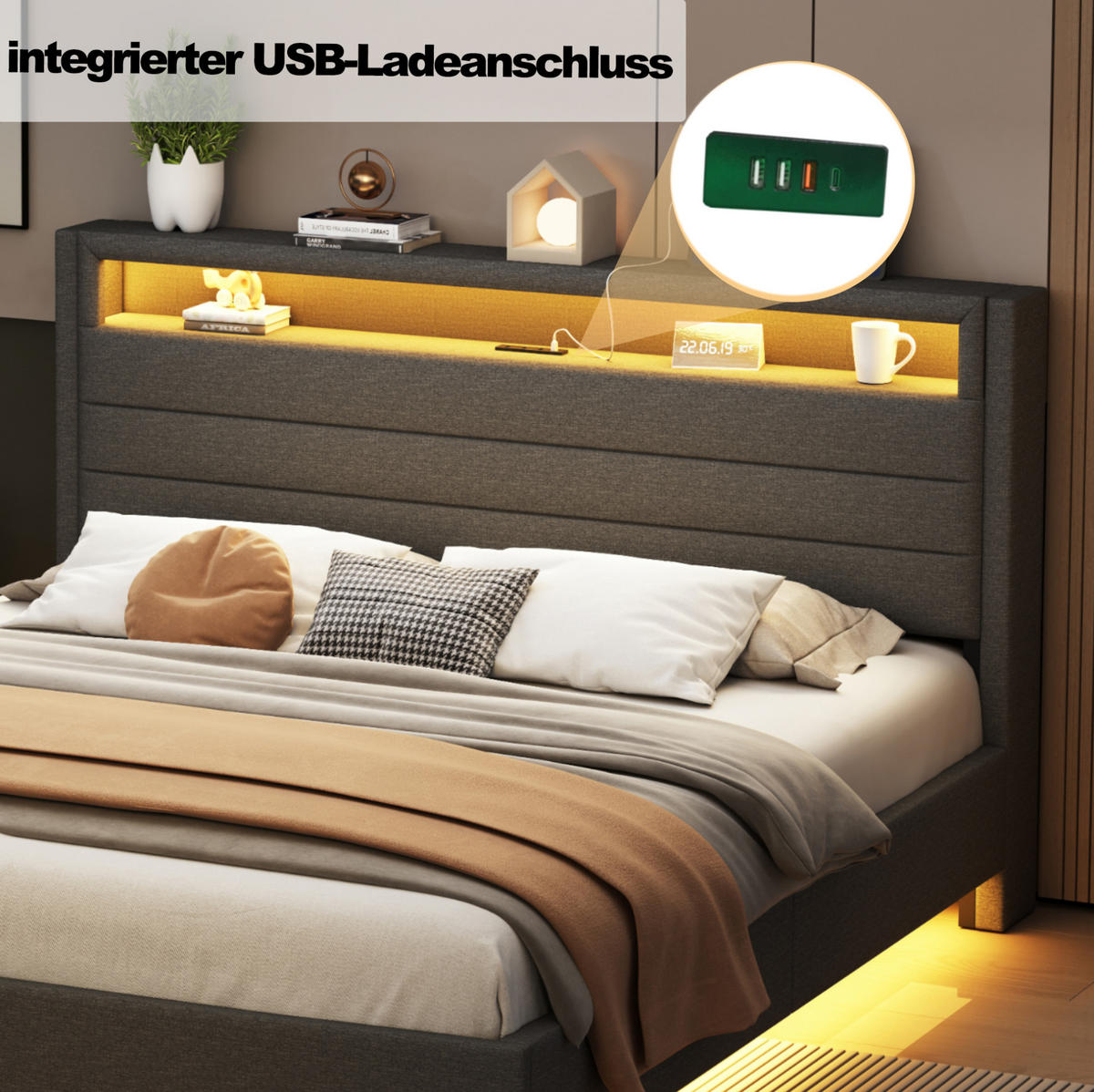 BETT mit USB, LED und Stauraum 140x200 cm Stoff Grau - Grau, Metall (140/200cm) - Meubliv