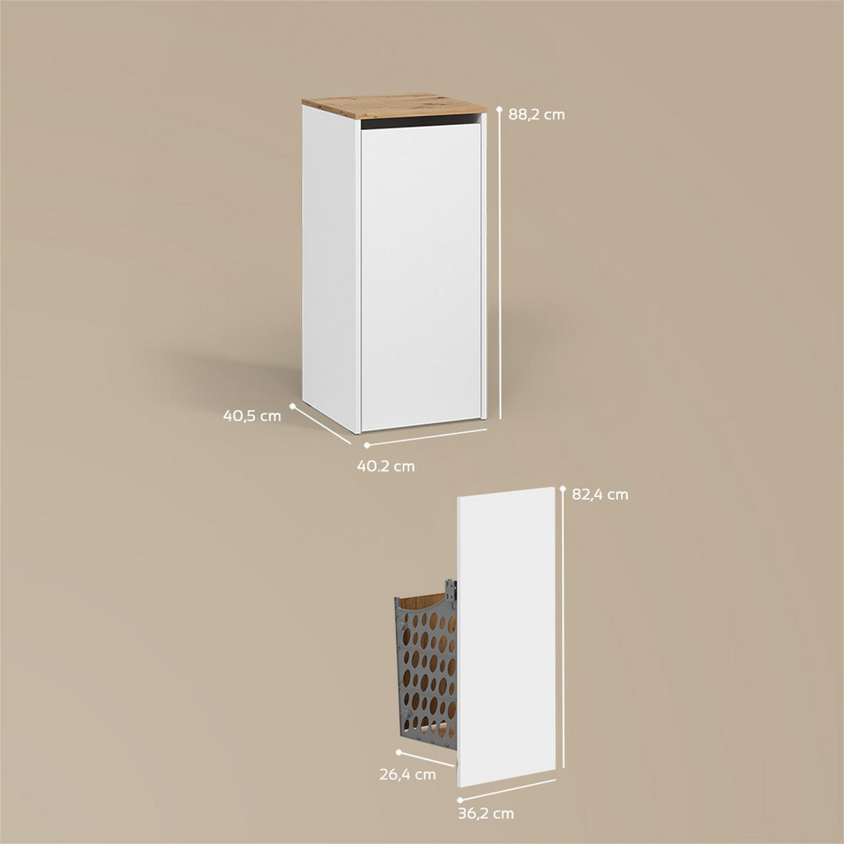 BADSCHRANK Paolina Weiß/Artisan 40.2 x 88.2 cm mit Wäschkorb - Weiß/Eiche Artisan, Holzwerkstoff (40.2/88.2/40.5cm) - Livinity®