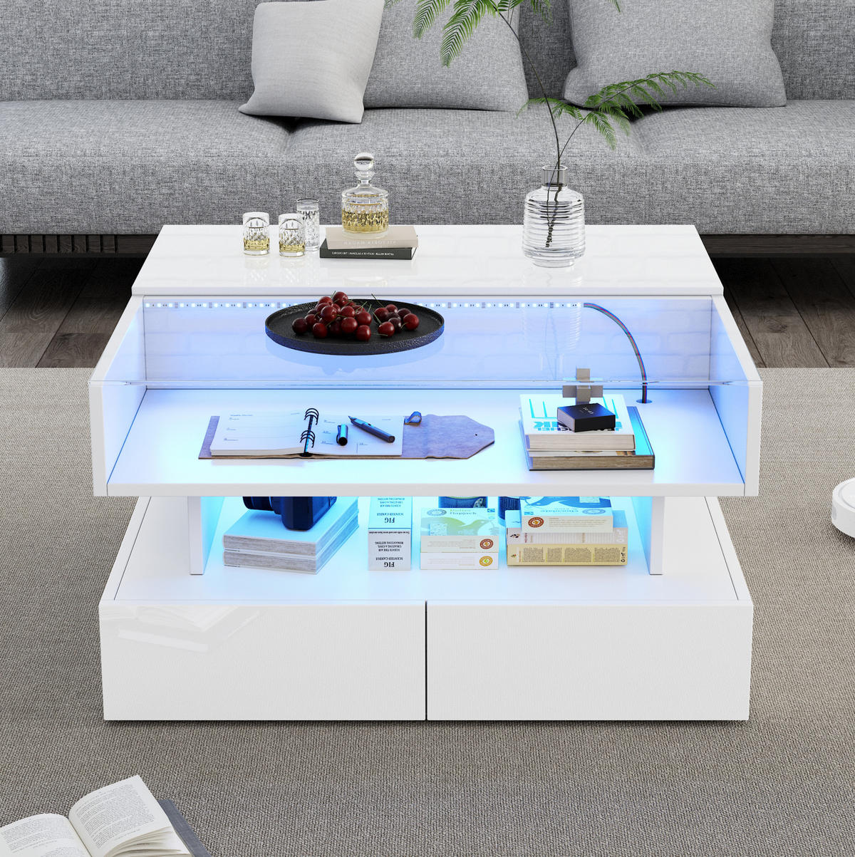 COUCHTISCH 80/80/45 cm mit LED-Beleuchtung und höhenverstellbarer Platte - Weiß, Holzwerkstoff (80/80/45cm) - Flora Grace