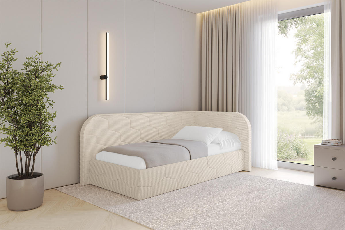 EINZELLBETT Jugendbett mit Bettkasten und Matratze H3/H4, Links - JAXY 90x200 Beige - Creme, Holzwerkstoff/Textil (90/200cm) - ALTDECOR