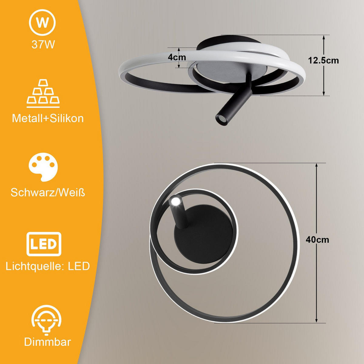 LED-DECKENLEUCHTE Lynton 40/40/12.5cm - Schwarz, Metall (40/40/12.5cm) - Nettlife