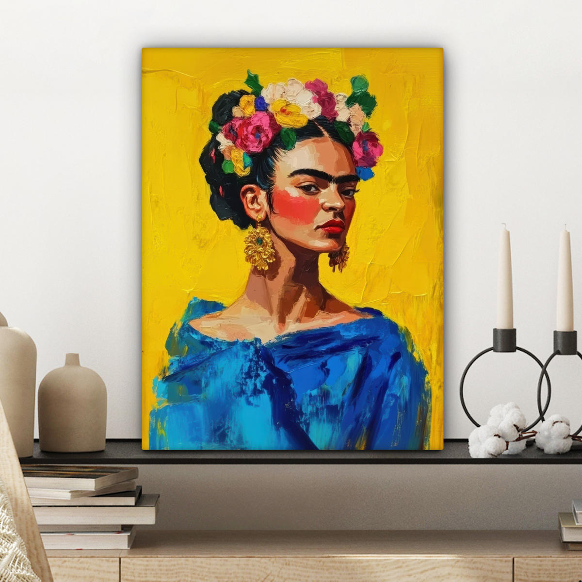 LEINWANDBILD Frida Kahlo - Frau - Gelb - Blau - Blumen 30x40 cm - Gelb, Textil (30/40cm) - MuchoWow