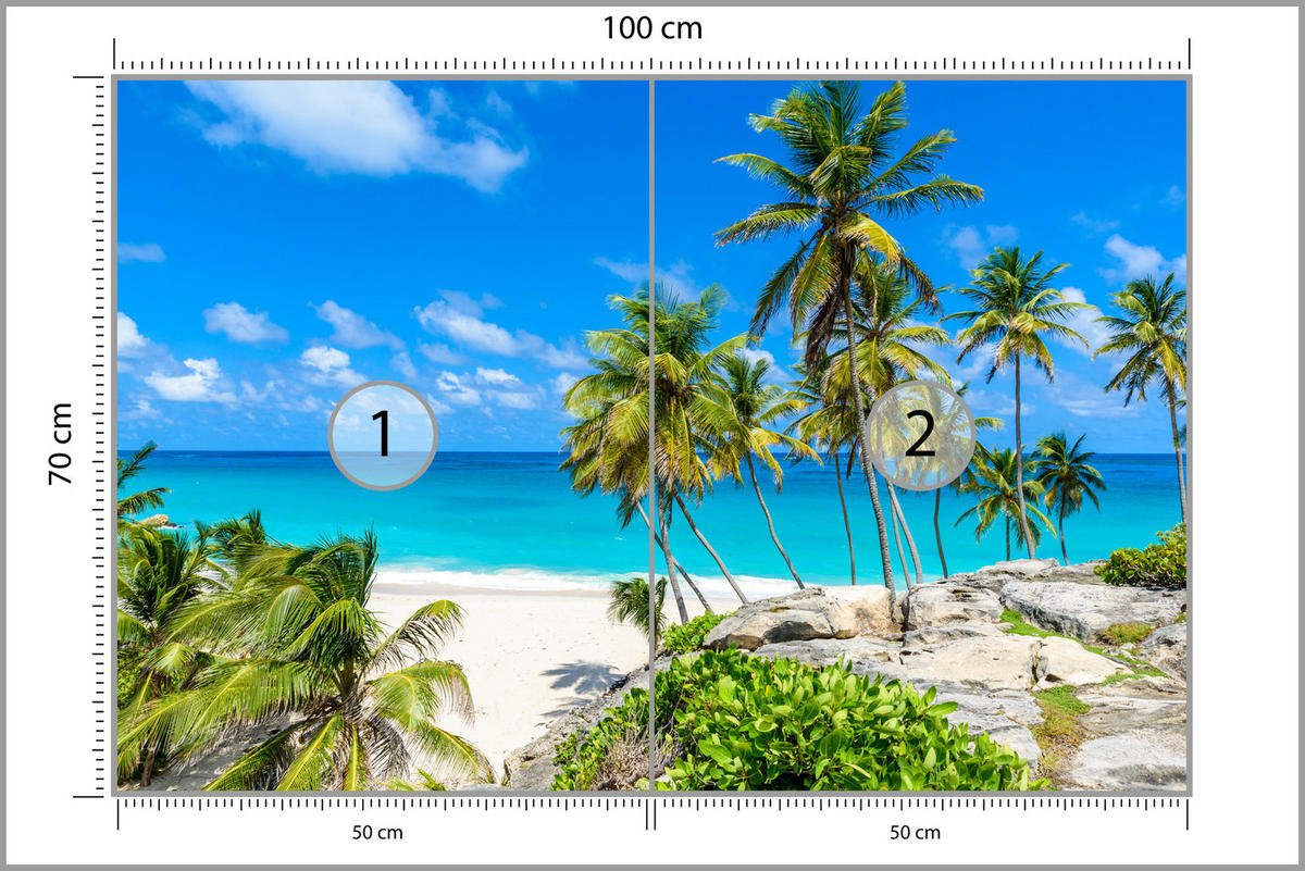 FOTOTAPETE Strand Palmen Ozean Landschaft 3D 100x70 - Blau/Beige, Papier (100/70cm) - Muralo