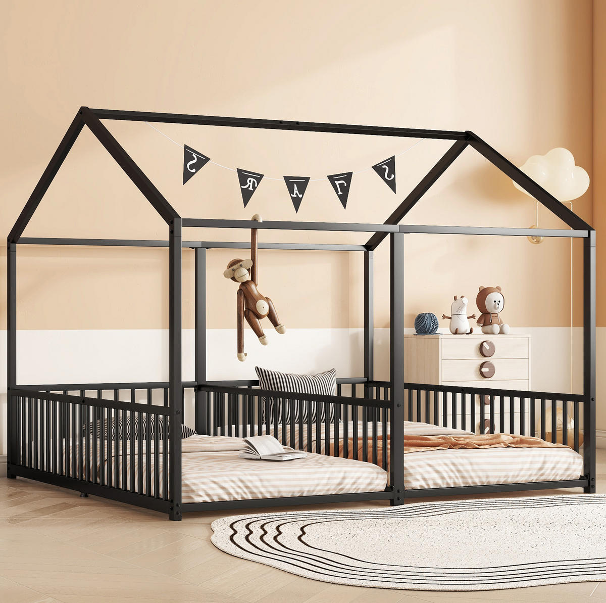 METALLBETT 90/200 cm Schwarz mit Hausform und Geländer - Schwarz, Metall (90/200cm) - OKWISH
