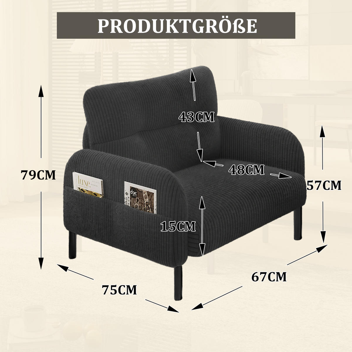 SESSEL Loungesessel,Polstersessel,Cord,Grau - Grau, Textil (67/79/75cm) - LVHOM