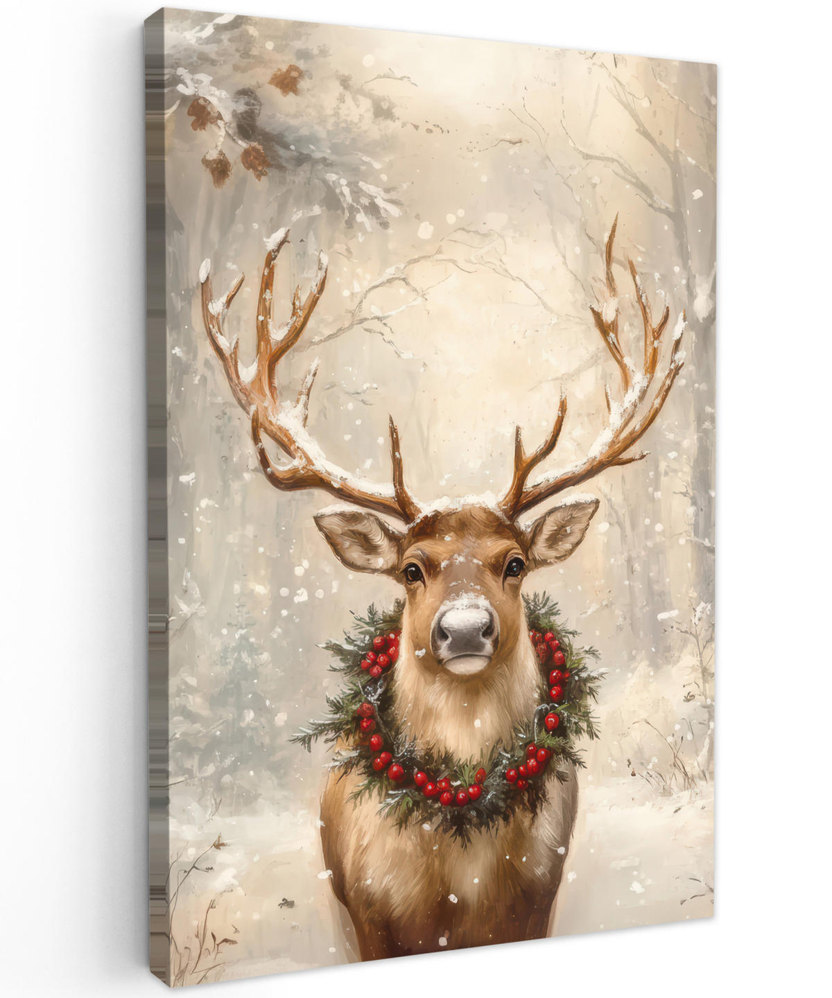 LEINWANDBILD Weihnachten - Rentier - Winter - Kranz 40x60 cm - Naturfarben, Textil (40/60cm) - MuchoWow