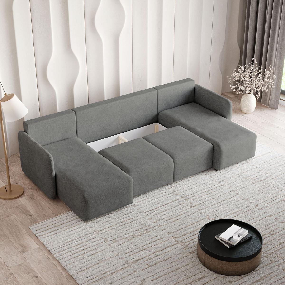 WOHNLANDSCHAFT NUBERO Grau Geflochtener Stoff mit Schlaffunktion - Grau, Holz (285/85/143cm) - MASSENO