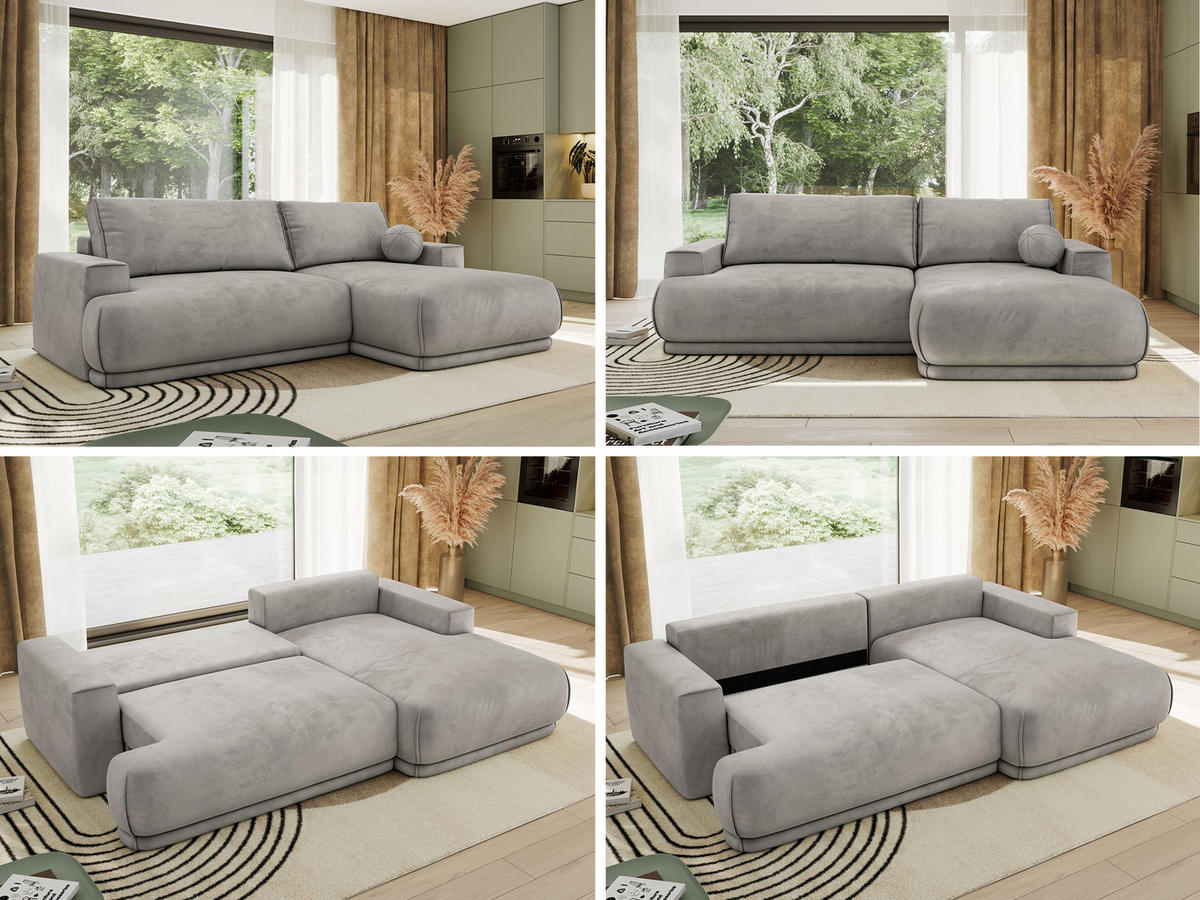 ECKSCHLAFSOFA RINA L Hellgrau Velvet - rechts - Hellgrau/Schwarz, Kunststoff/Textil (170/267cm) - MKS