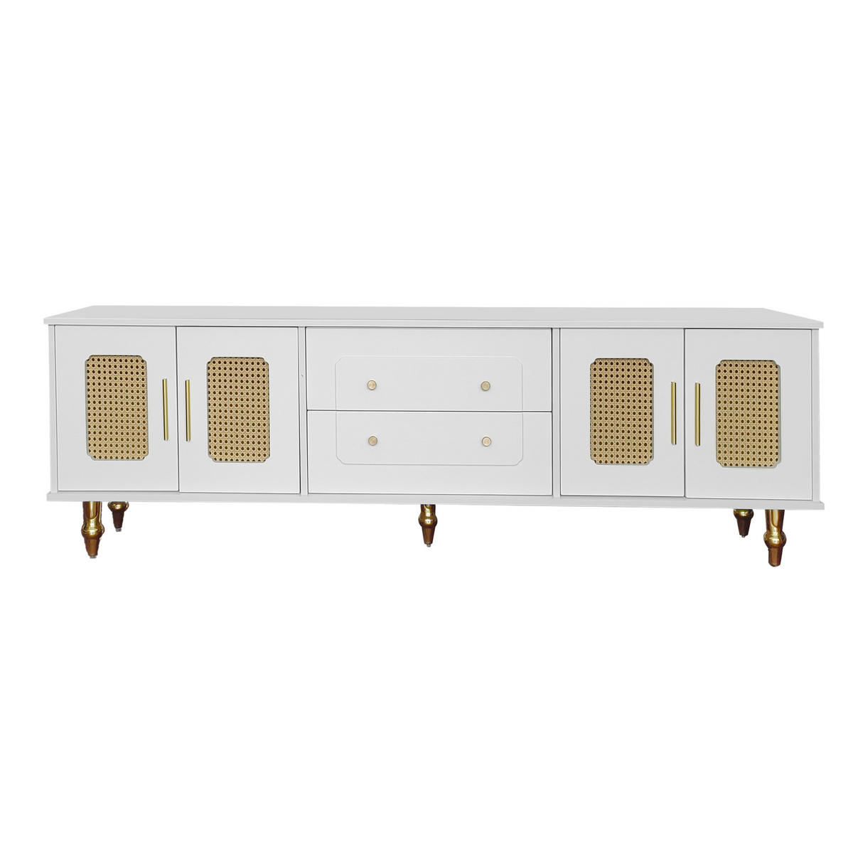 TV ormarić 175/38/55,5 cm bijeli od iverice s PVC vratima od ratana i ladicama na pritisak - bijela, drvni materijal (175/55.5/38cm) - OKWISH