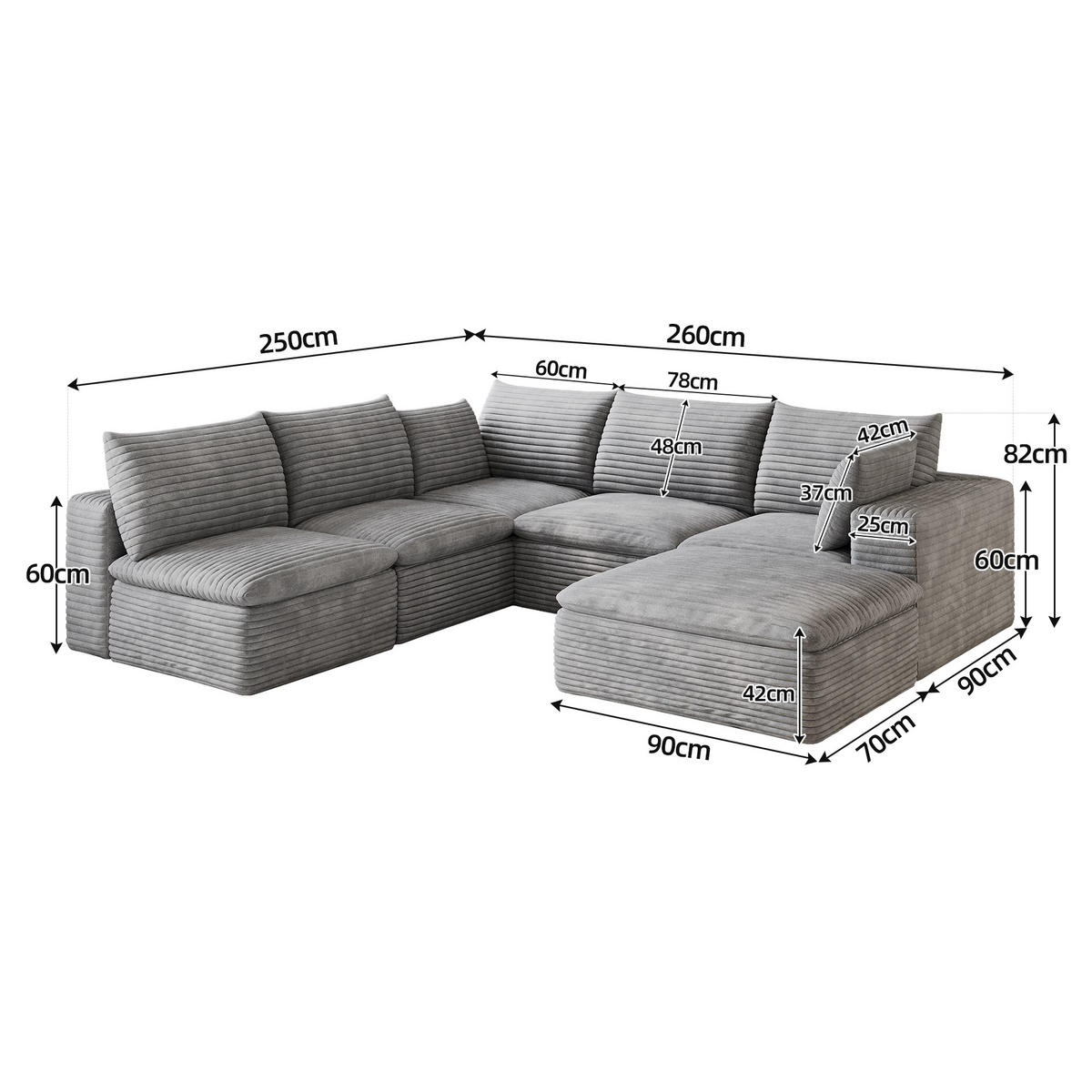 WOHNLANDSCHAFT DE-34773 2-Sitzer mit abnehmbare Polsterung Grau - Grau, Textil (250/60/260cm) - ComfortXL