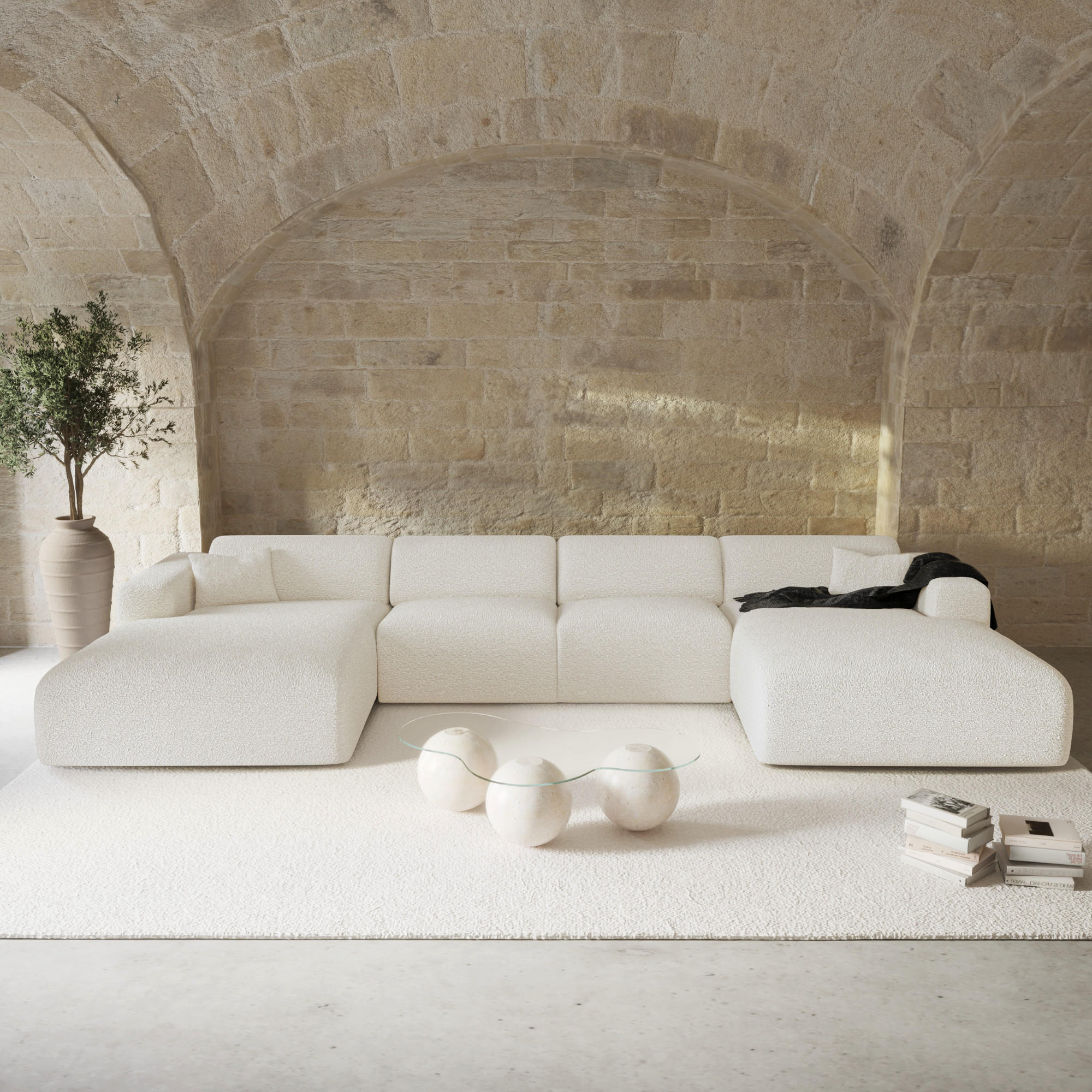 WOHNLANDSCHAFT Bouclé-Stoff Creme 366cm - Creme, Textil (366/73/165cm) - Sia Home