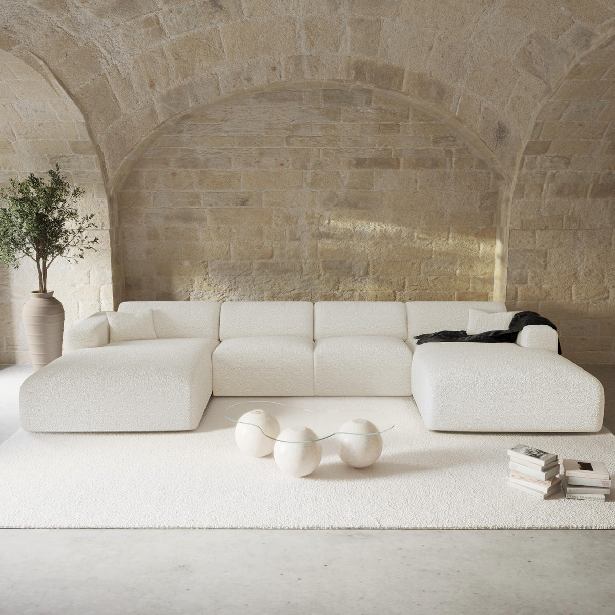 WOHNLANDSCHAFT Bouclé-Stoff Creme 366cm - Creme, Textil (366/73/165cm) - Sia Home