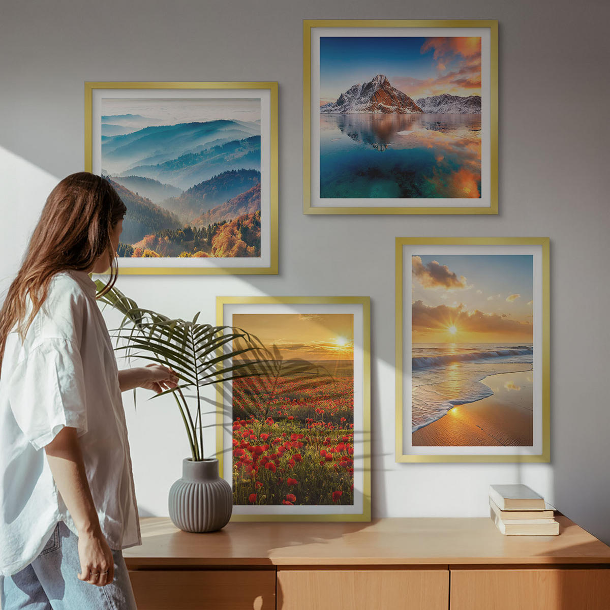 WANDBILDER 4er Set - 50x50 cm & 40x60 cm Goldrahmen - Landschaften aus Bergen und Meeren im Westen - Goldfarben, Kunststoff (50/50cm) - ArtPrintCave