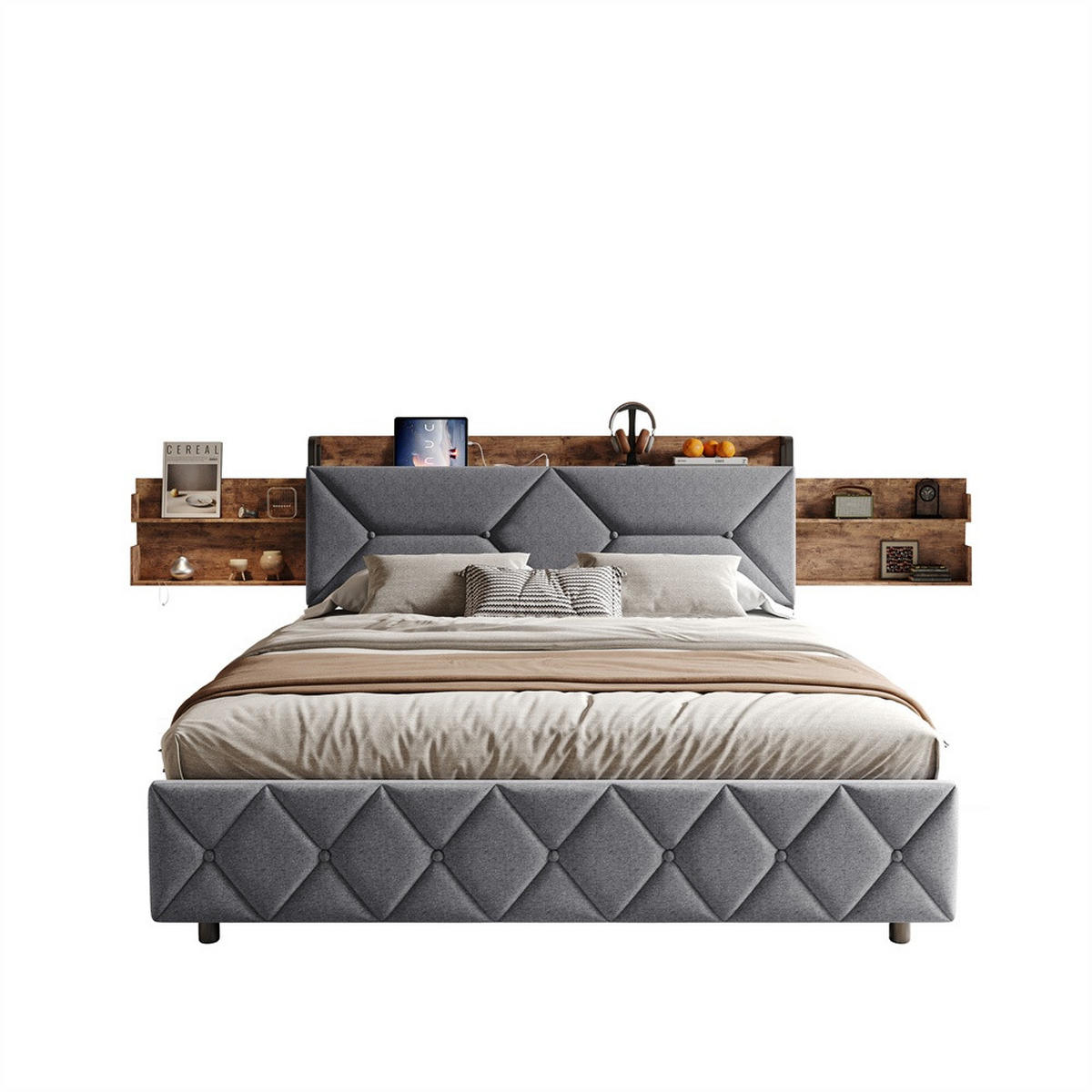 POLSTERBETT 160x200 cm mit ergonomischem Kopfteil und 4 Schubladen - ohne Matratze - Grau - Grau, Textil (160/200cm) - DELFA