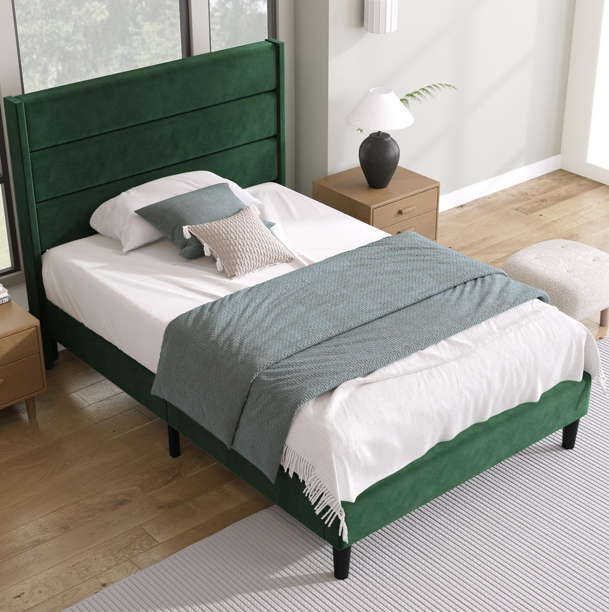 BETT mit Lattenrost 90x200 cm Samt Dunkelgrün - Grün, Holz (90/200cm) - Meubliv