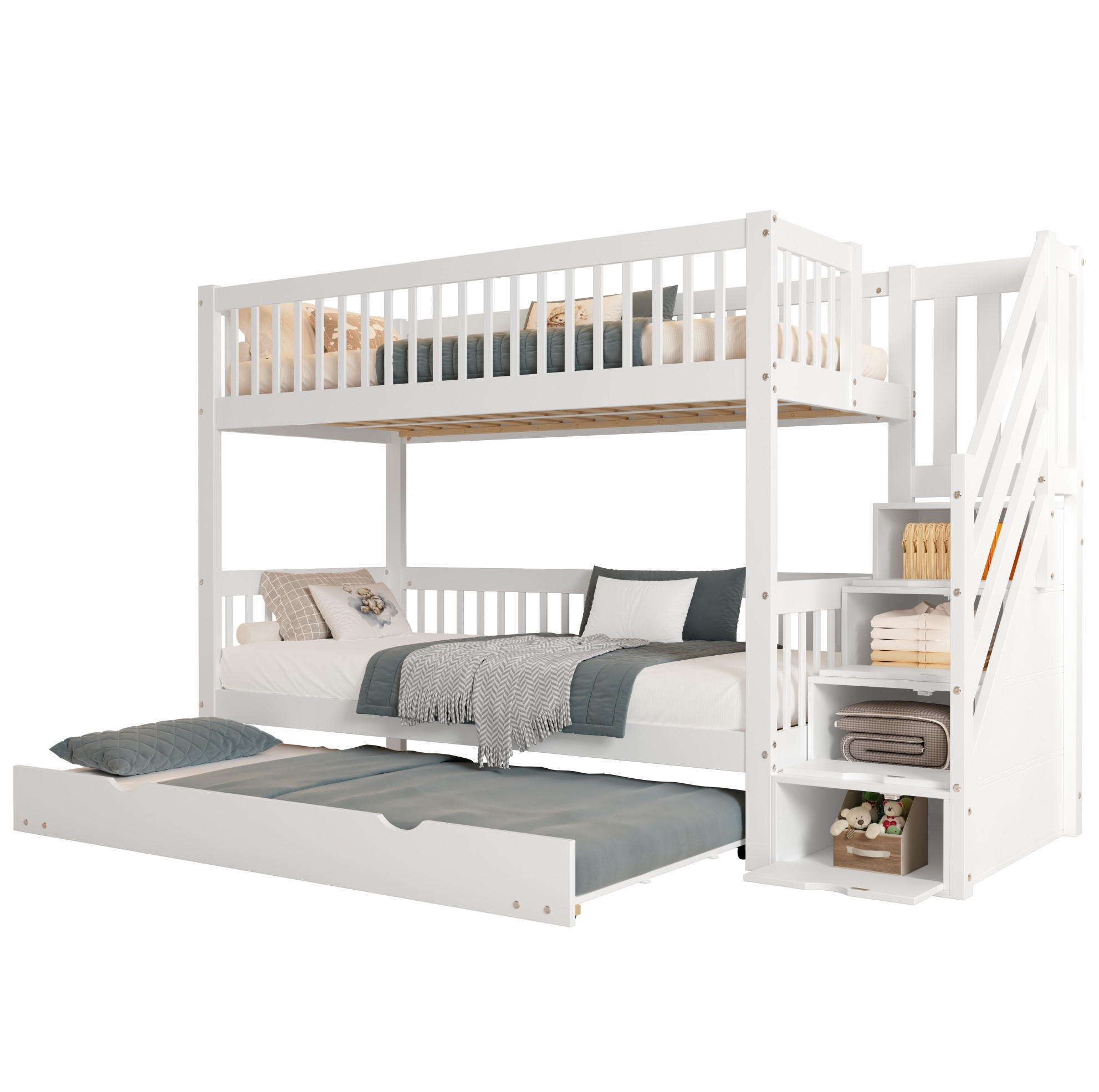 ETAGENBETT 90/200 cm weiß aus Kiefer und MDF mit Rollbett und Leiterschrank - Weiß, Holz (90/200cm) - OKWISH