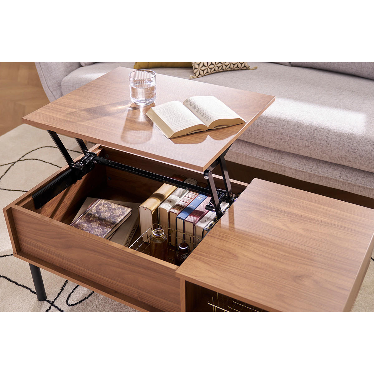 HOCHKLAPPBARER Couchtisch Dunkles Holz Metall B100 cm KANE - Walnussfarben, Holz (100/50/63.5cm) - Miliboo