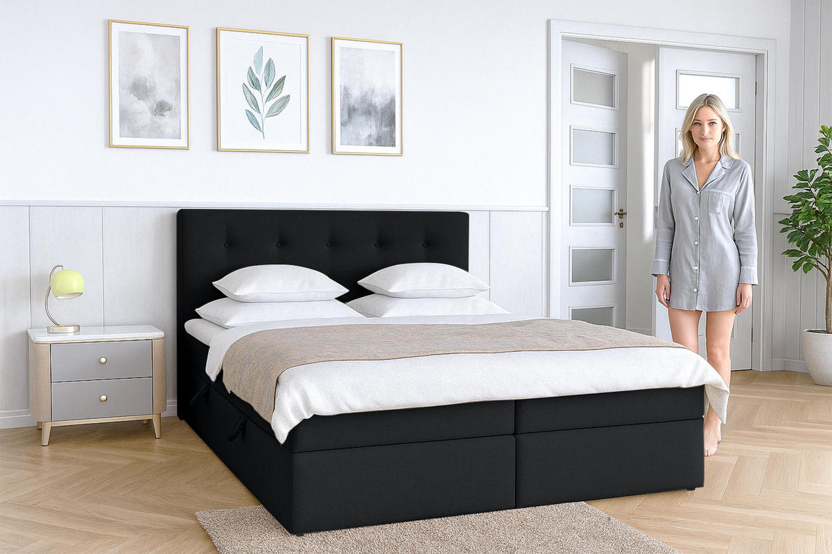 BOXBETT BAUNEI 140x200 cm mit Bettkasten und Matratze - Braun - Schwarz, Holz/Holzwerkstoff (140/200cm) - AX Living