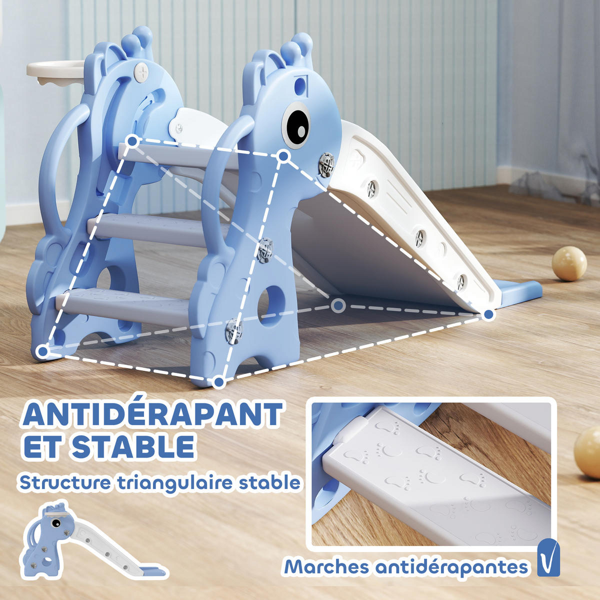 KINDERRUTSCHE DE-17982 3-in-1 mit Basketballkorb & Kletterelement Blau - Blau, Kunststoff (51.5/52/106cm) - ComfortXL