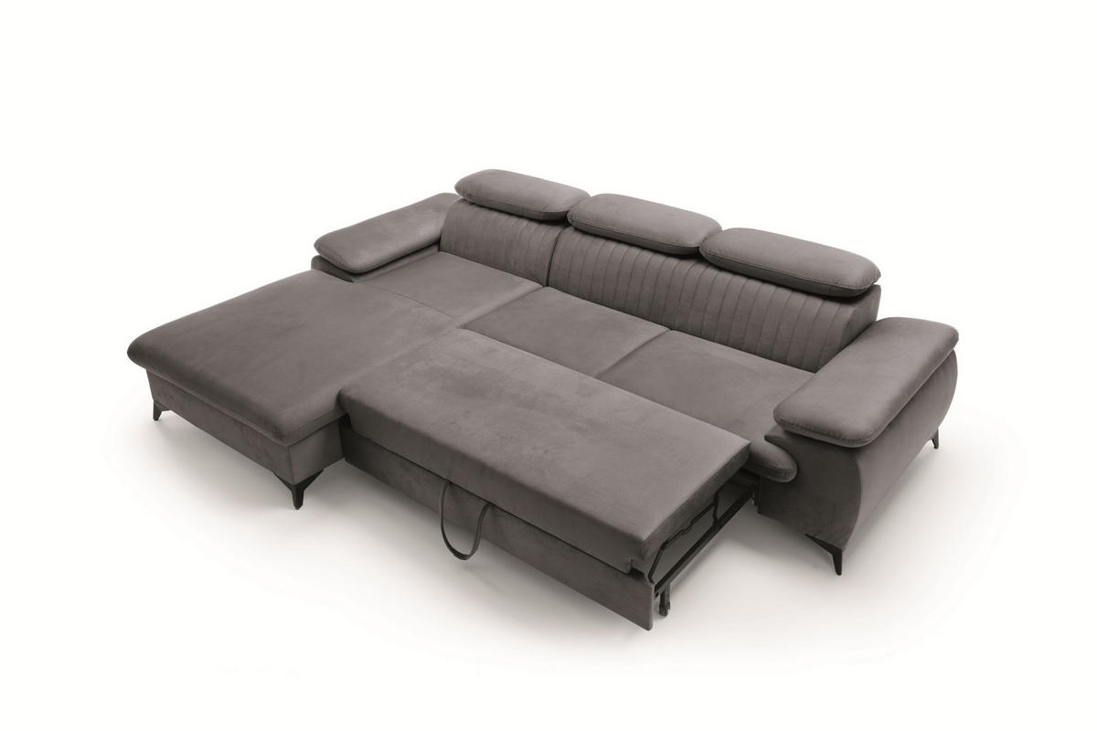 ECKSOFA FIORE Grau Velours-Stoff mit Schlaffunktion - Grau, Holz (120/120cm) - MASSENO