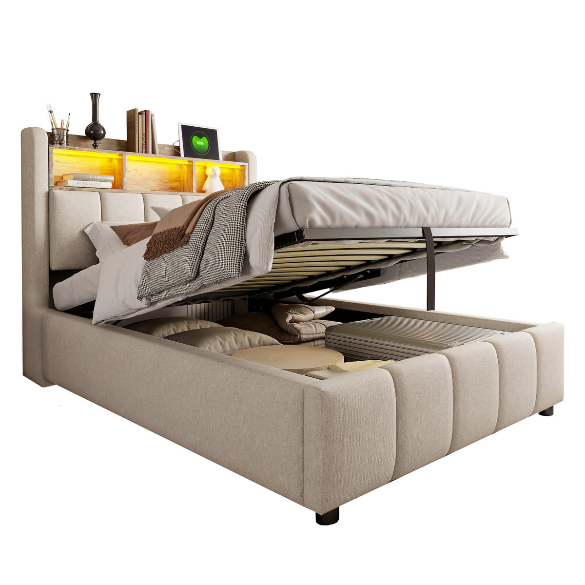 POLSTERBETT 90/200 cm Beige mit USB- und LED-Beleuchtung und hydraulischem Stauraum - Beige, Textil (90/200cm) - OKWISH
