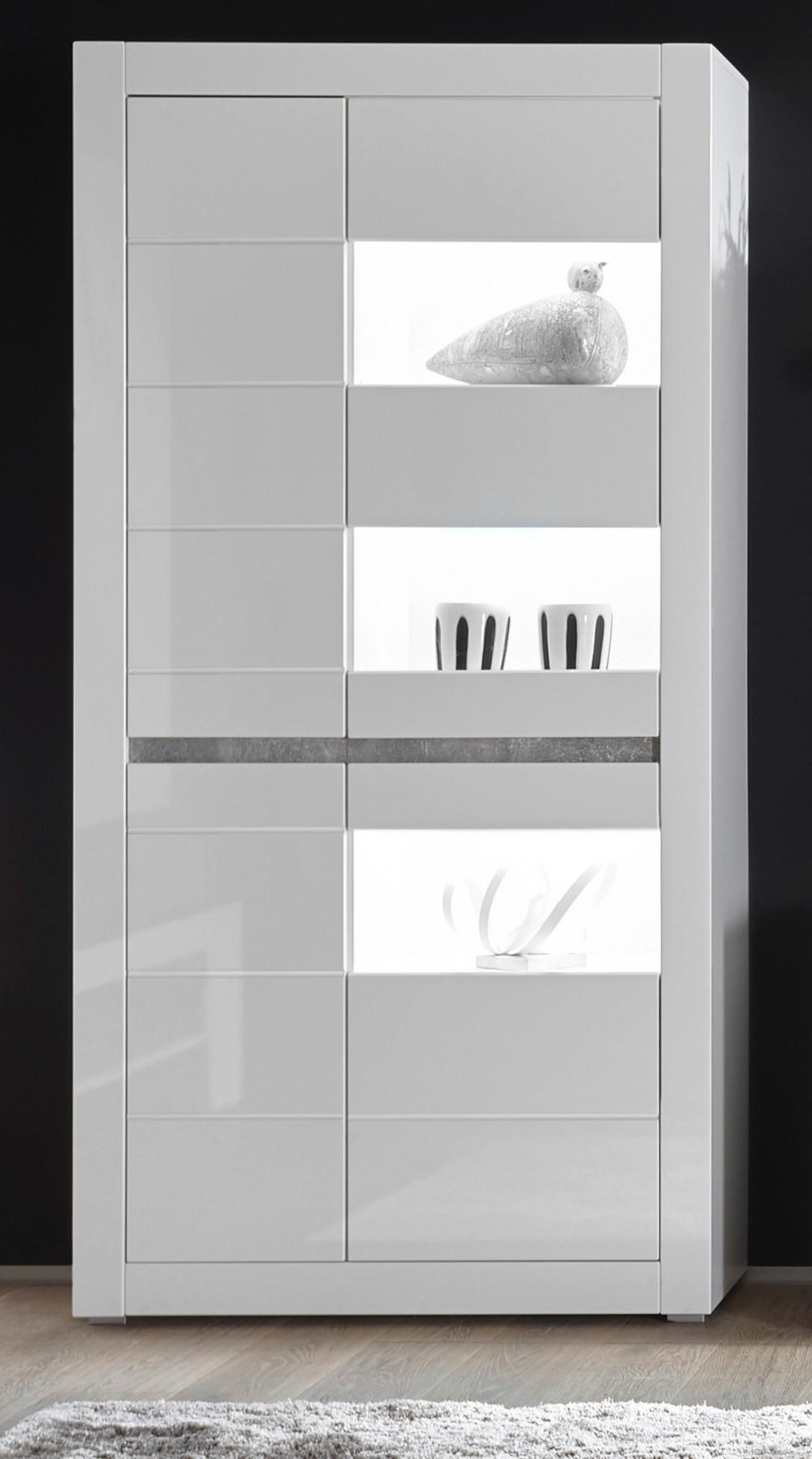 VITRINE Hochglanz weiß, mit weiß oder grau, Vitrinenschrank 100 x 200 cm, Soft-Close - Weiß Hochglanz/Weiß, Glas/Holzwerkstoff (100/198/35cm) - Furn.Design
