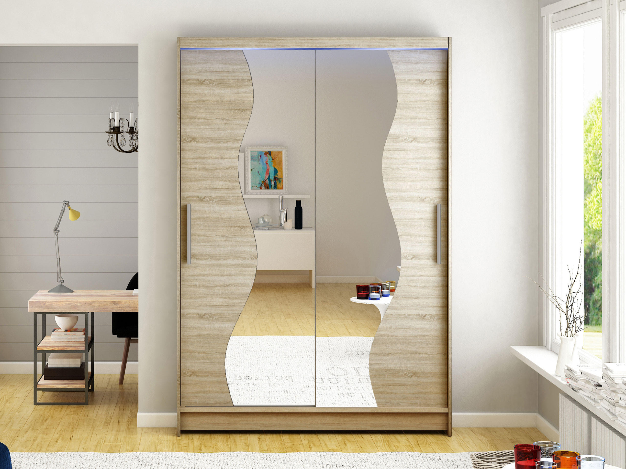 KLEIDERSCHRANK Miami S, mit RGB LED Beleuchtung - Silberfarben/Sonoma Eiche, Holzwerkstoff/Kunststoff (120/200/58cm) - MIRJAN24