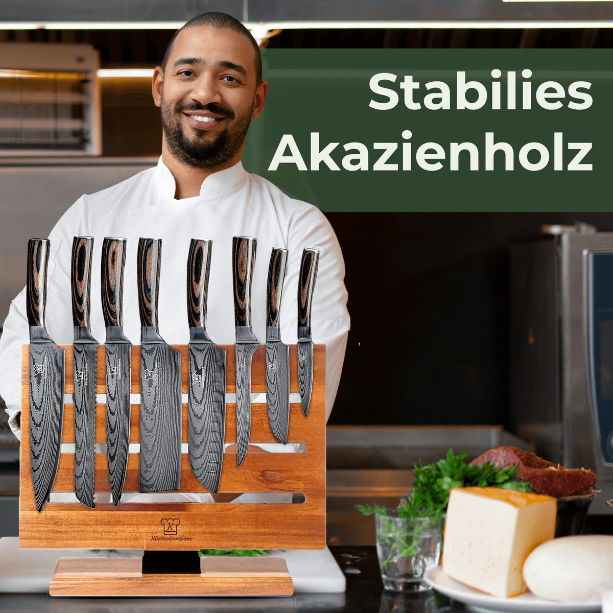 MESSER-SET Jishaku 9-tlg. – Magnetischer Akazienblock & Profimesser - Braun, Holz/Metall - Küchenkompane