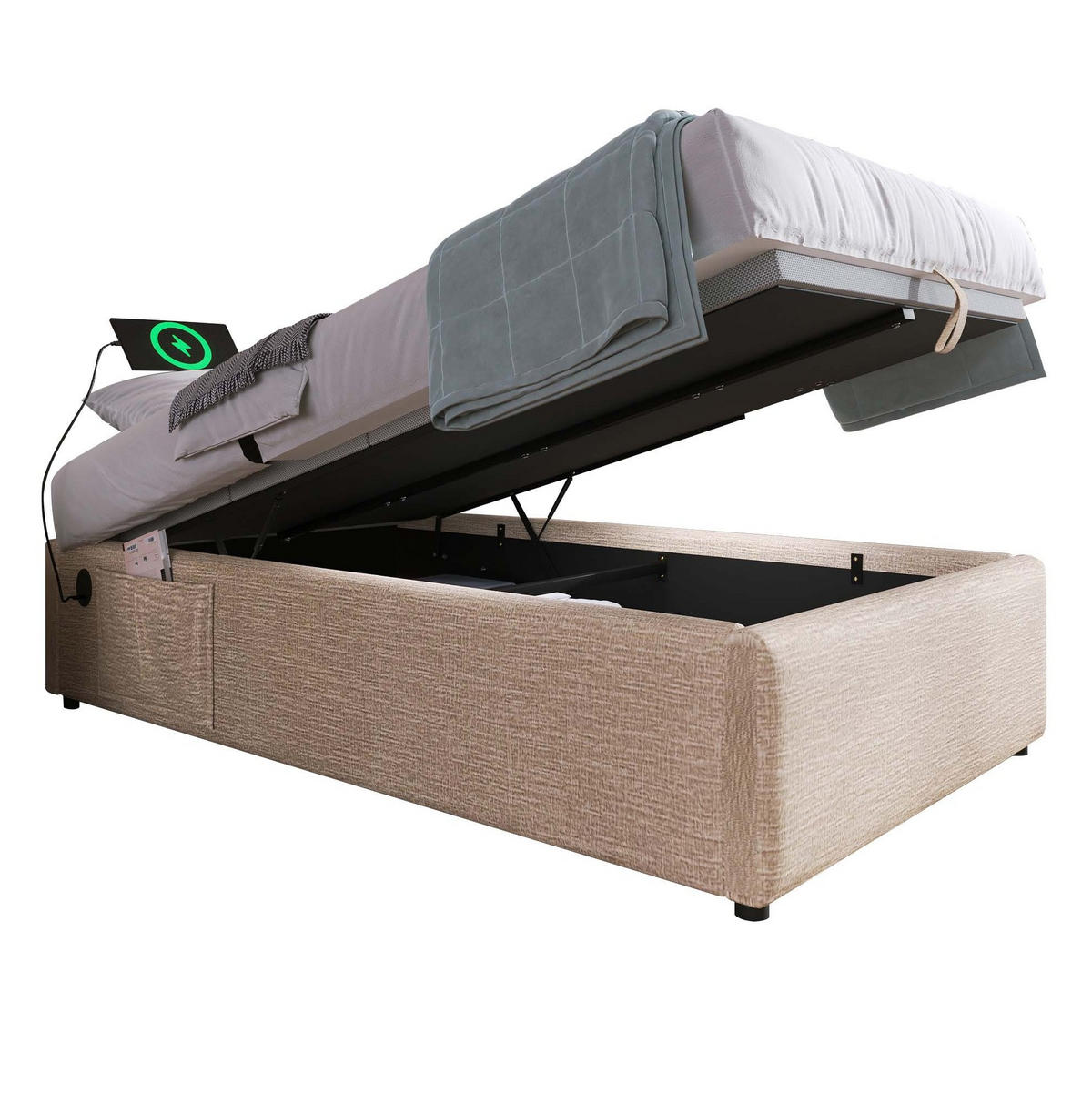 POLSTERBETT aus Leinen 90x200 cm Natur mit Stauraum, USB- und USB-C-Anschluss - Beige, Textil (90/200cm) - IVMEU