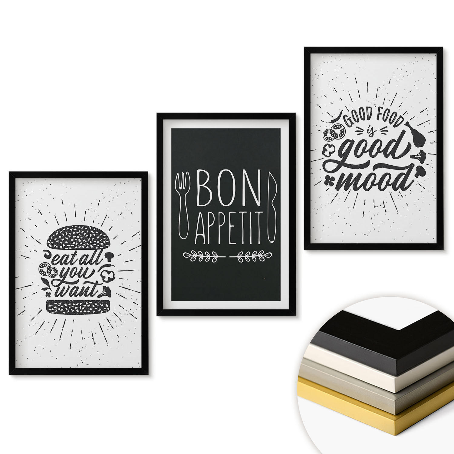 WANDBILDER 3er-Set - 40x60 cm Schwarzer Rahmen - Grafiken, Lebensmittel, kulinarische Slogans - Schwarz, Kunststoff (40/60cm) - ArtPrintCave